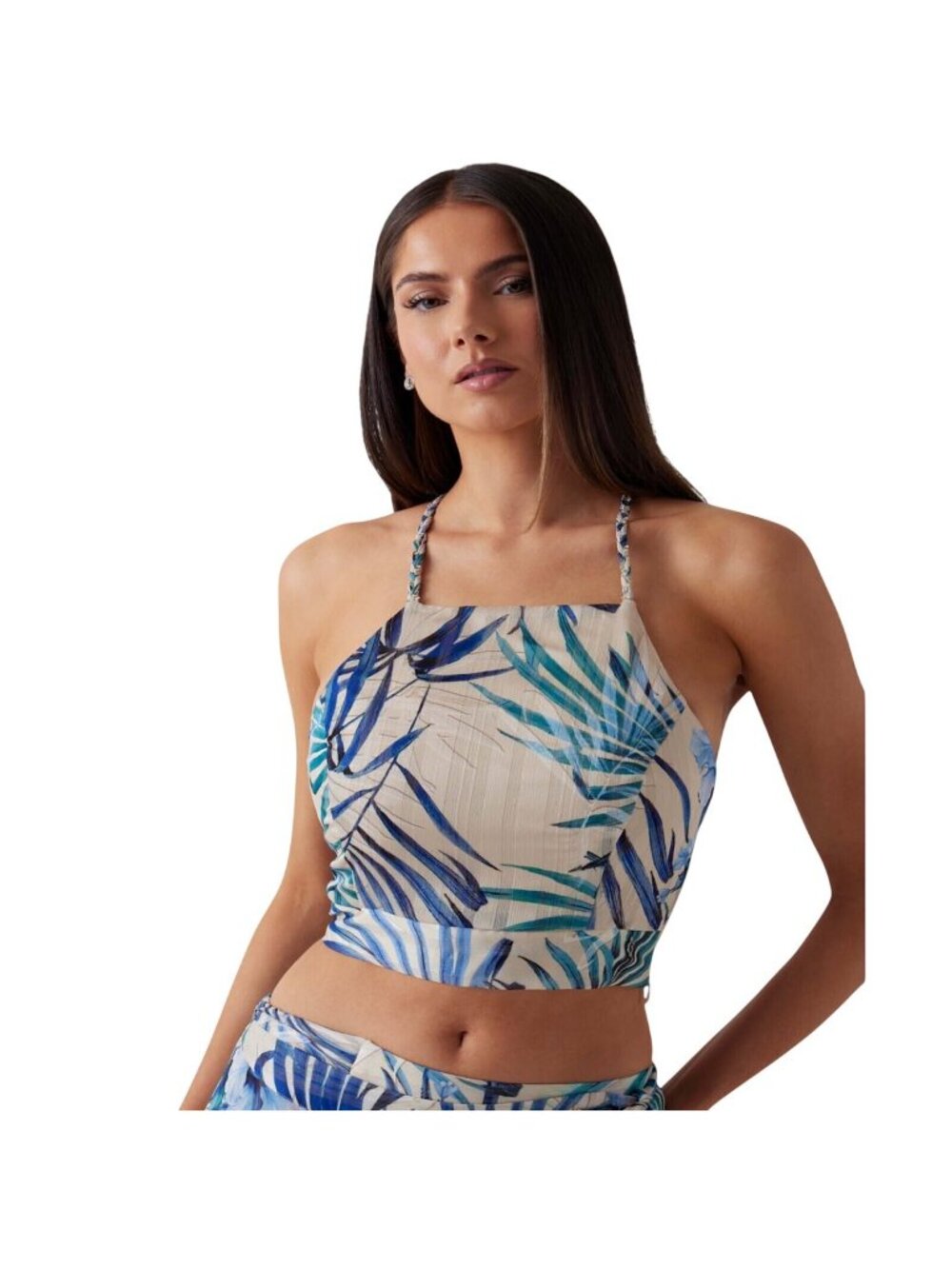 NWT Guess Sleeveless Gaelle Crop Top W5GH74WH9Z2 Fiji Palm Print Blue Multi M